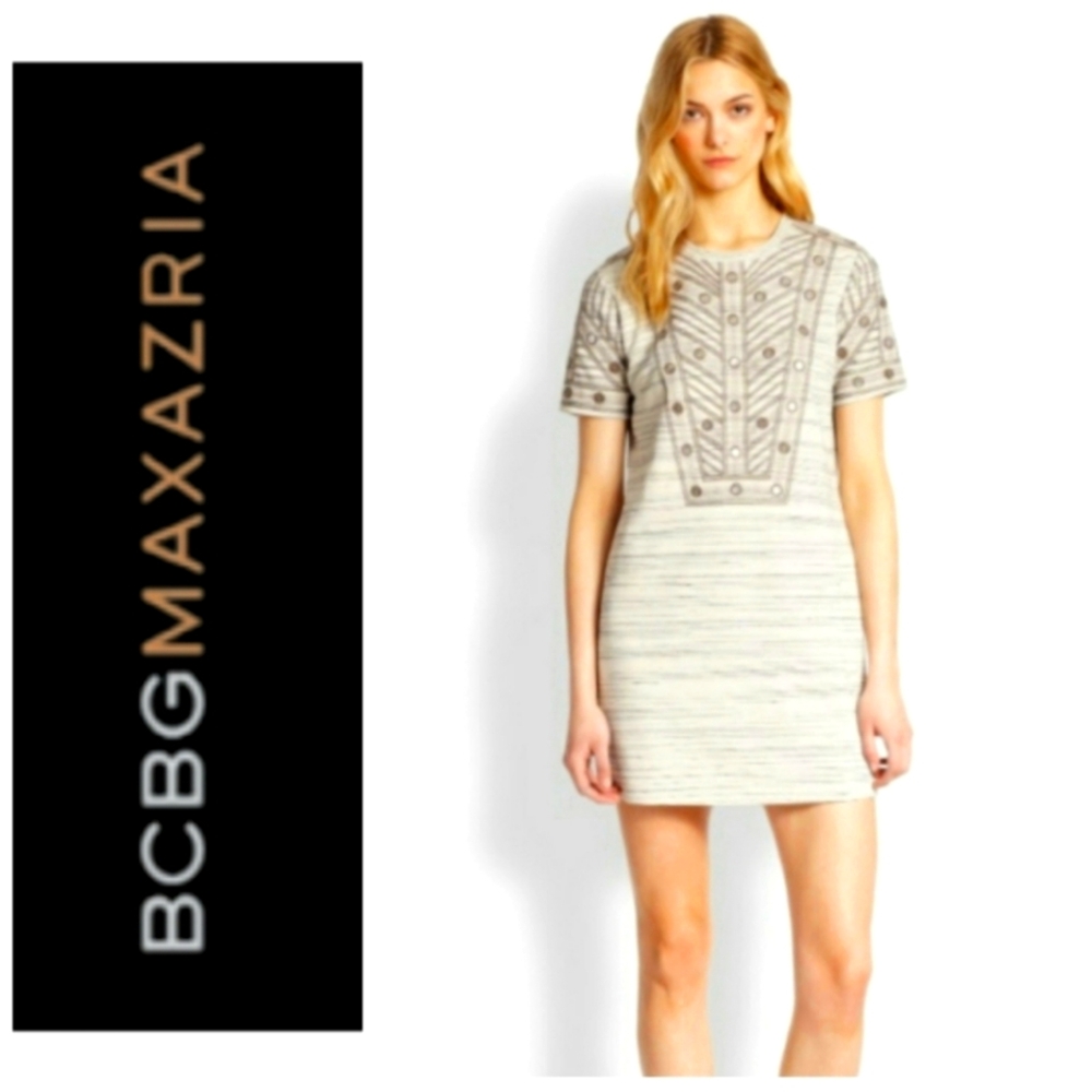 BCBGMaxariza Ada Short Sleeve Knit Canvas Embroidered Mini Shirt Dress | S